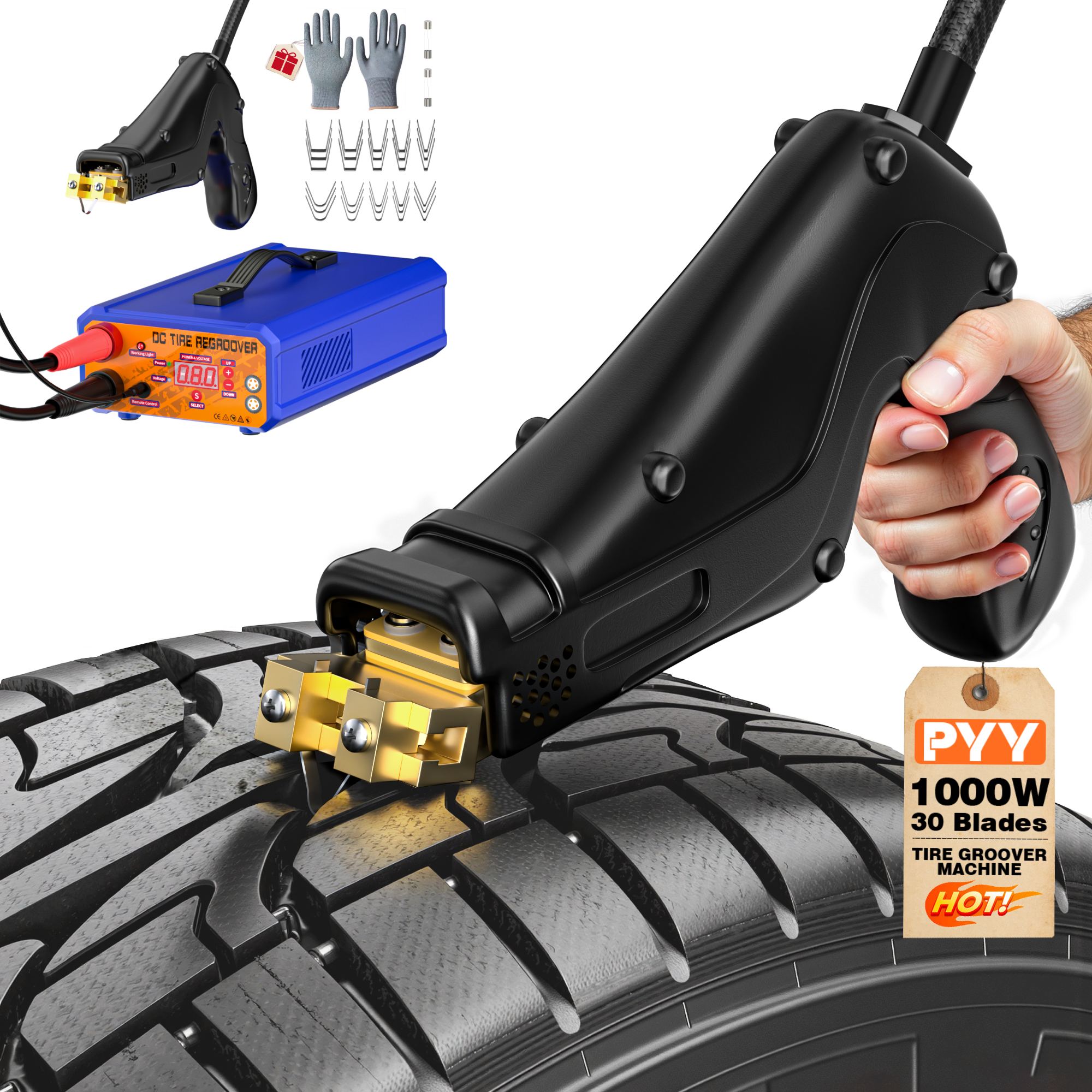 PYY Tire Grooving Tool - 1000W Fast Heating Upgraded Tire Groover Machine,30 Pcs U&V Blades, Adjustable Temp,Portable Lightweight Rubber Tire Cutter Tire Grooving Iron for Off-Road Truck Car, Black